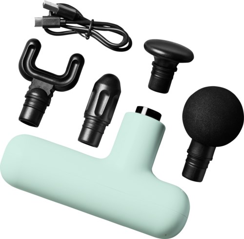 A massage gun kit includes a main device, four different attachments, a charging cable, and a storage case.