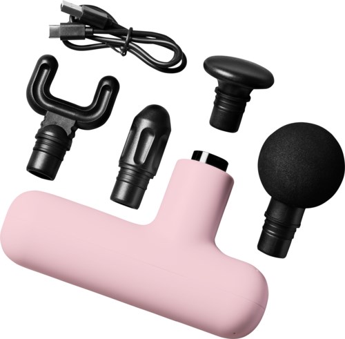 A pink massage gun with four attachment heads and a charging cable.