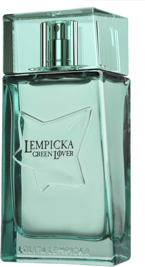 A glass perfume bottle with a spray top, labeled 'Lempicka Green Lover,' in a light green color.