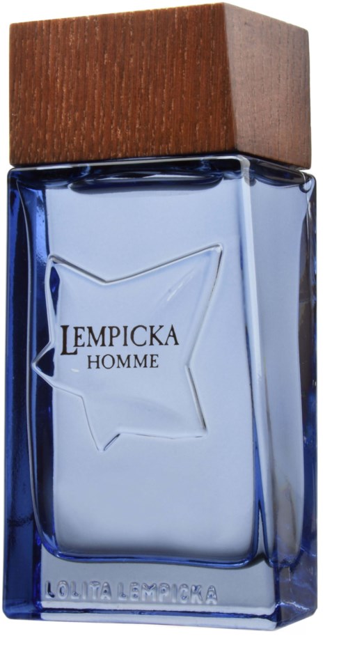 Blue glass perfume bottle with a wooden cap, labeled 'LEMPICKA HOMME,' containing perfume.