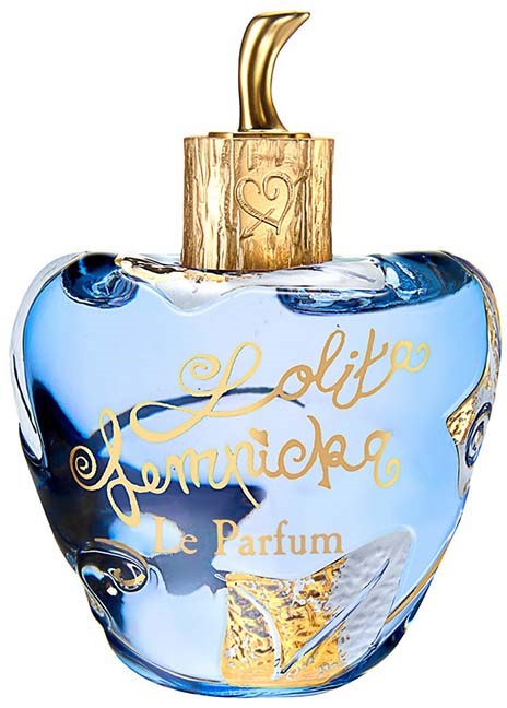 A perfume bottle shaped like an apple, with a gold top and blue liquid inside. It has gold writing on it.