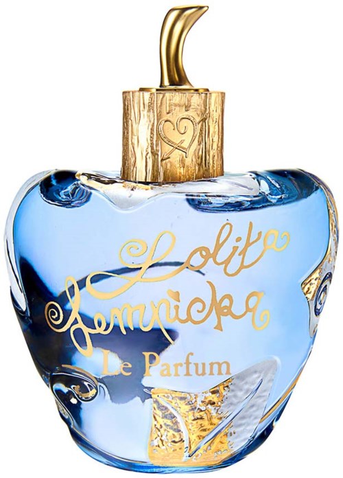 A perfume bottle shaped like an apple, with blue glass, gold cap, and gold writing that says 'Lolito Lomildeca Le Parfum.'