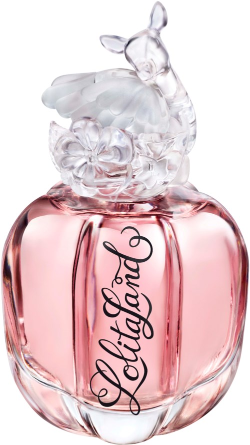 A pink perfume bottle with a bunny-shaped glass cap and the word 'Clé de Peau' written on it.