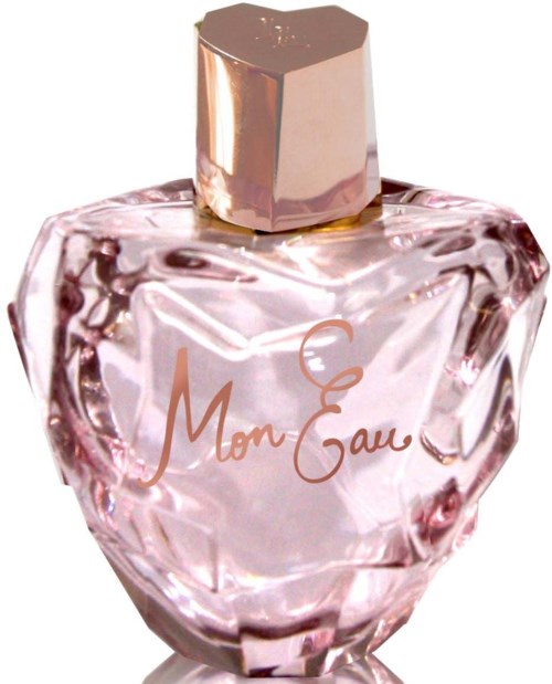 A pink perfume bottle with a gold cap and elegant writing on it. The bottle is transparent and shiny.