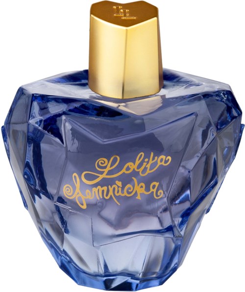 A perfume bottle shaped like a diamond, mainly blue with a gold cap and gold writing.