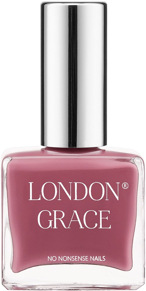 Een roze nagellakfles met een glanzende zilveren dop, gelabeld 'LONDON GRACE' en 'NO NONSENSE NAILS'.