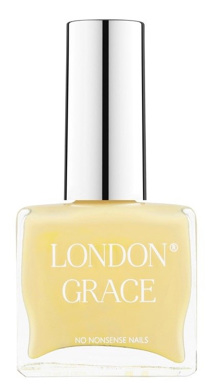 En klar nagellackflaska märkt 'London Grace' och 'No Nonsense Nails' med ett silverlock.