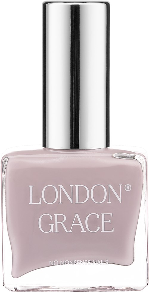 En ljus rosa nagellackflaska med silvercollar, märkt 'London Grace' med en slogan nedanför.
