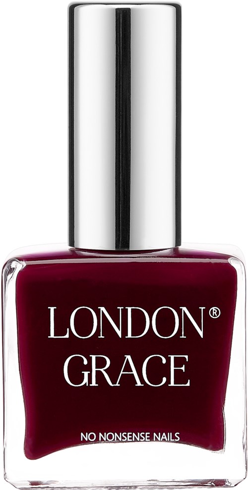 Een flesje London Grace nagellak in donkerrood met een zilveren dop, en "No Nonsense Nails" erop.