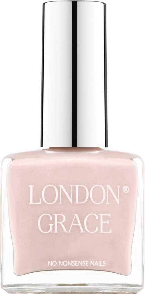 En flaska nagellack märkt 'LONDON GRACE' med ljus rosa färg och silverlock.