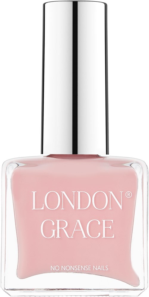 Een roze nagellakflesje met een zilveren dop en witte tekst die zegt "LONDON GRACE" en "NO NONSENSE NAILS."