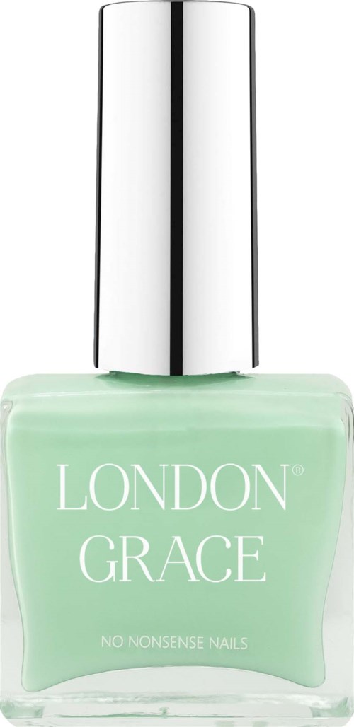 En flaska ljusgrön nagellack med silverhatt, märkt 'LONDON GRACE' och 'NO NONSENSE NAILS.'