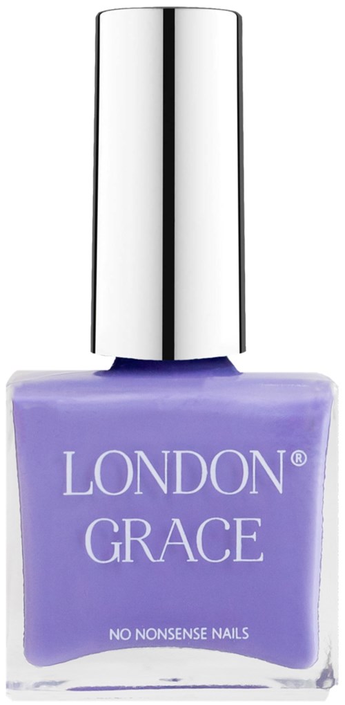 En flaska nagellack i lila med silverhätt märkt 'LONDON GRACE' och 'NO NONSENSE NAILS'.