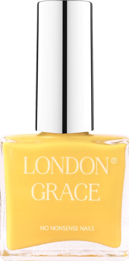 Geel nagellak in een doorzichtige fles met zilveren dop, gemerkt 'LONDON GRACE' en 'NO NONSENSE NAILS'.