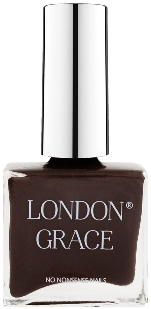 En mörkbrun nagellackflaska märkt 'LONDON GRACE' med en silverlock.