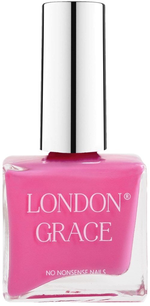 En rosa nagellackflaska med silverlock och texten "LONDON GRACE" framtill.