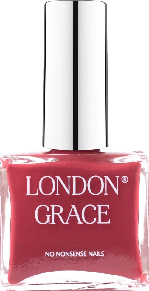 Een roze nagellak fles met 'London Grace No Nonsense Nails' erop en een zilveren dop.