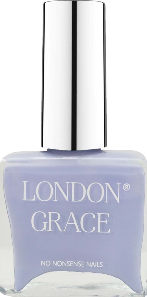 En ljuslila nagellackflaska med silverlock, märkt 'London Grace' och 'No Nonsense Nails.'