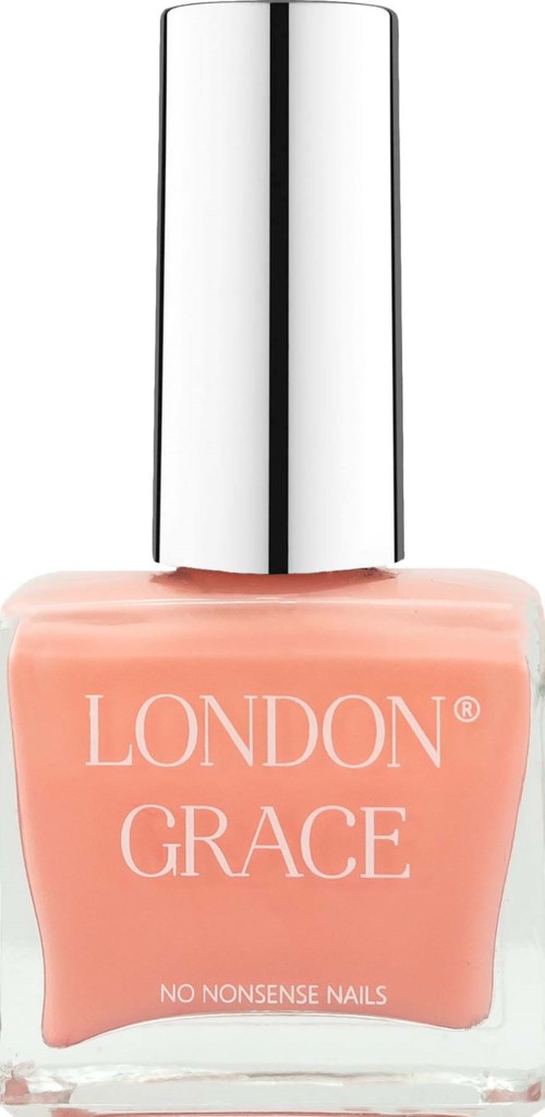 En flaska med persikofärgad nagellack med silverlock, märkt 'LONDON GRACE' och 'NO NONSENSE NAILS.'