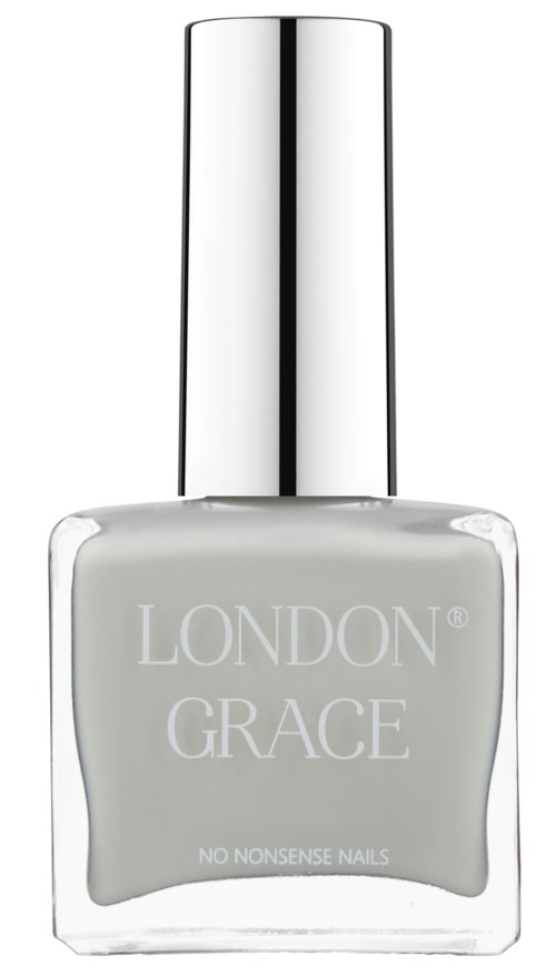 En nagellackflaska märkt 'LONDON GRACE' med silverlock och ljusgrått nagellack.