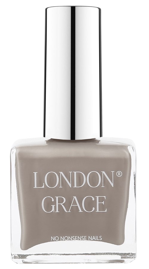 En nagellackflaska märkt 'London Grace' med beige färg. Den har en glänsande silverkapsel.