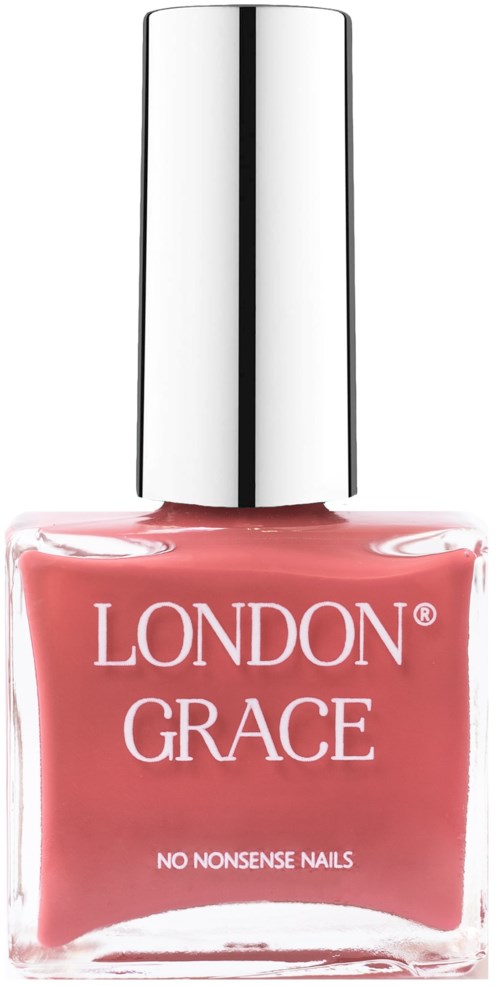 A pink nail polish bottle with a silver cap, labeled 'LONDON GRACE' and 'NO NONSENSE NAILS.'