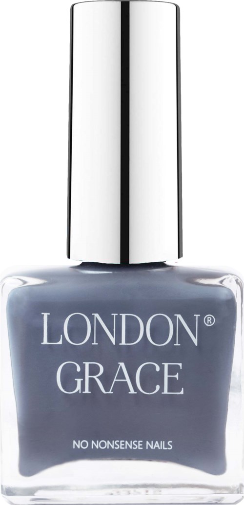 A nail polish bottle with grayish nail polish and a silver cap, labeled 'London Grace' and 'No Nonsense Nails.'