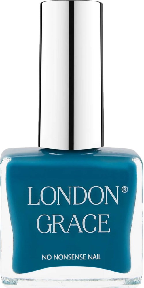 Blue nail polish bottle with a silver cap, labeled 'LONDON GRACE' and 'NO NONSENSE NAIL.'