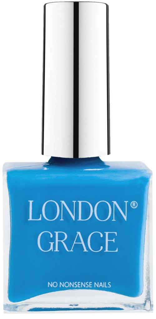 Blå nagellackflaska med silverkapsyl. Texten säger "LONDON GRACE" och "NO NONSENSE NAILS."