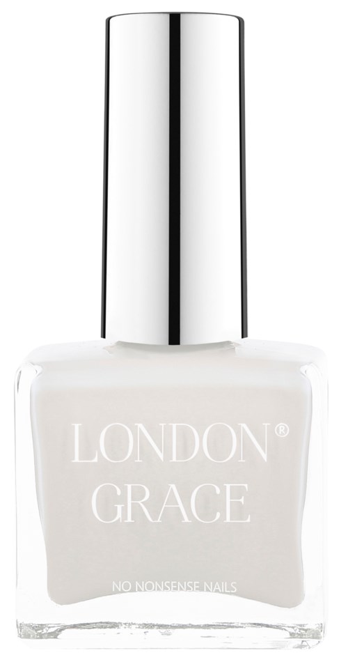 En vit nagellackflaska med silverhatt, märkt 'LONDON GRACE' i vitt text.