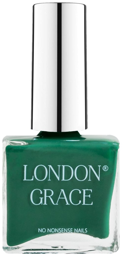 Een groene nagellakfles met een zilveren dop, gemarkeerd 'London Grace' en 'No Nonsense Nails'.