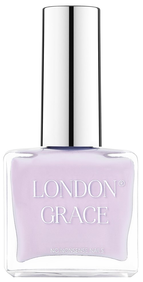 Een fles pastelpaars nagellak met een glimmende zilveren dop. Het label zegt 'London Grace'.