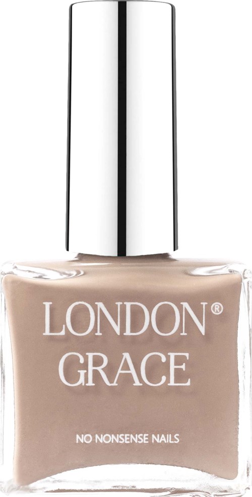 Een nagellakfles met 'London Grace No Nonsense Nails' label en zilveren dop.