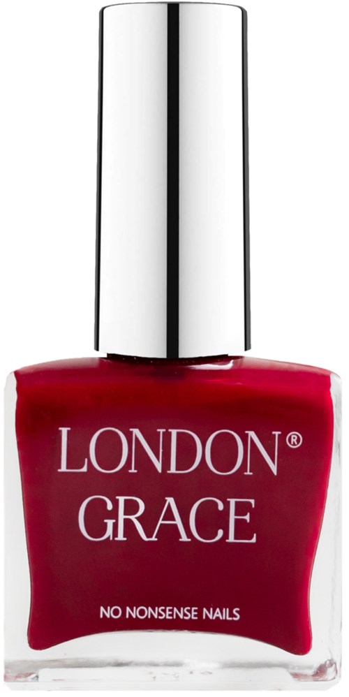 Rode nagellakfles met 'London Grace' en zilveren dop.