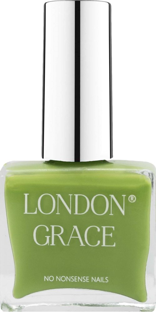 Een groene nagellakkfles met label 'LONDON GRACE' en 'NO NONSENSE NAILS' en een zilverkleurige dop.
