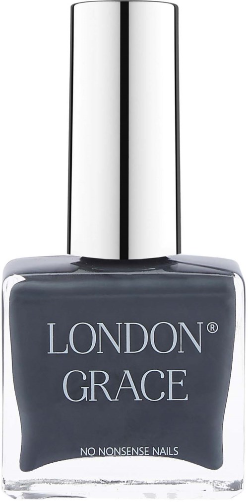 Een grijze nagellakfles met een zilverkleurige dop, gemerkt 'LONDON GRACE NO NONSENSE NAILS'.
