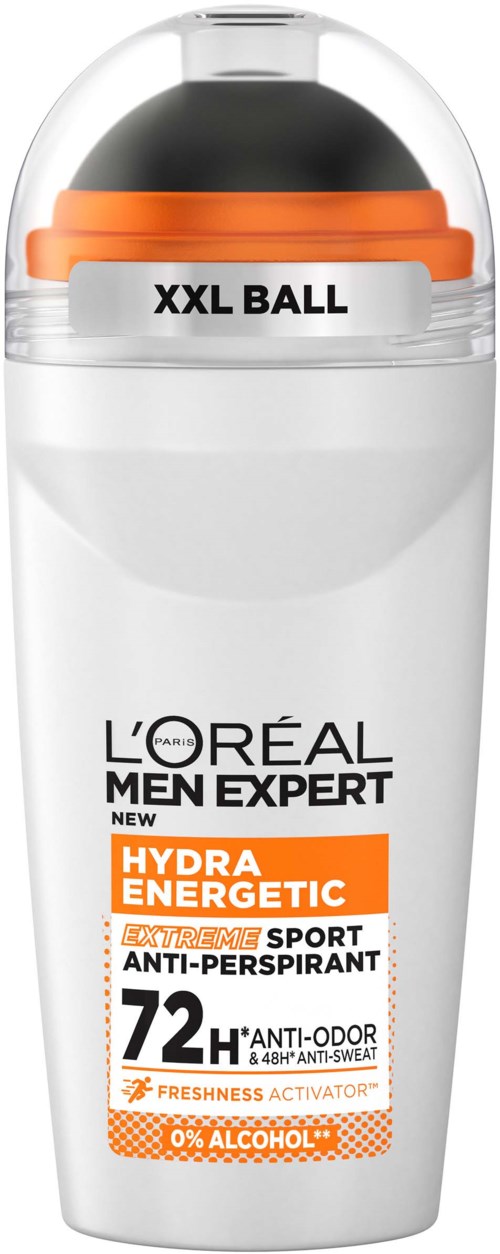 A white deodorant stick container labeled L'Oréal Men Expert Hydro Energetic, with black, orange, and white details.