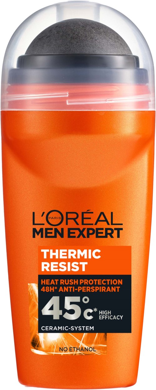 Een heldoranje fles met zwartedop en doorzichtig plastic deksel, gelabeld L'Oréal Men Expert Thermic Resist, voor deodorant.