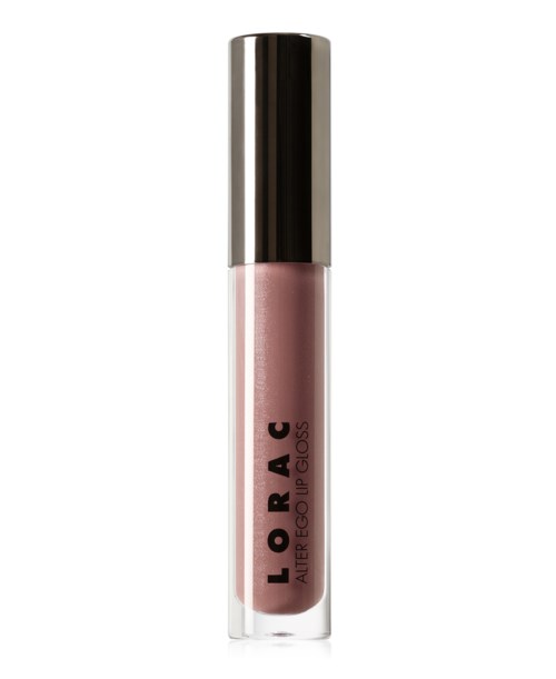 Läppglans i rosa i en genomskinlig behållare med ett silverlock, märkt "LORAC ALTER EGO GLASS".
