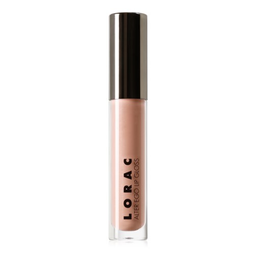 En beige läppglans i en genomskinlig tub med silverlock, märkt 'LORAC ALTER EGO LIP GLOSS'.