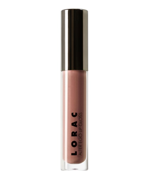 Läppglans i en klar tub med en glansig silverlock, märkt 'LORAC' och 'ALTER EGO GLOSS'.