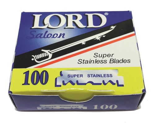 A box of Lord Saloon super stainless blades for razors, with 100 blades inside, in blue, black, yellow, and white packaging.