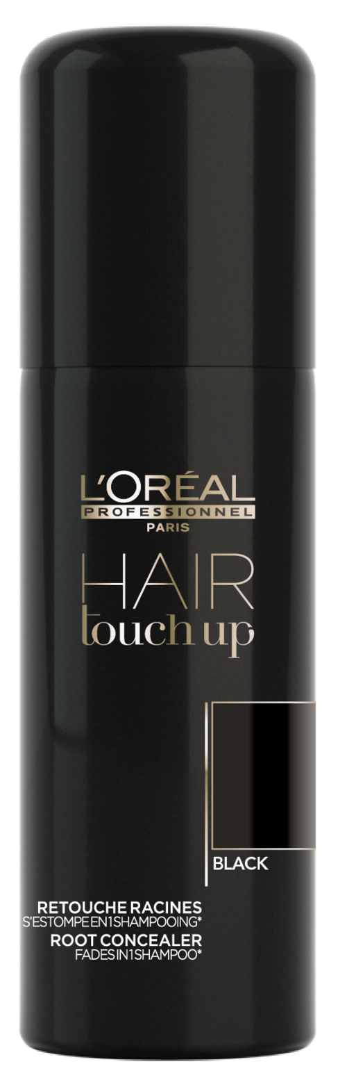 Eine schwarze und goldene Flasche von L'Oréal HairTouchUp Haarwurzeltönung./Es ist ein Haartonprodukt.