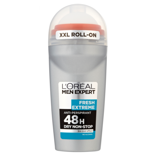 A roll-on deodorant in silver and white, labeled as L'Oreal Men Expert Fresh Extreme, providing 48 hours of protection.
