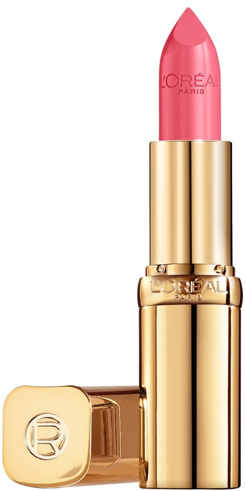 Ett rosa läppstift i ett guldfodral står upprätt med locket bredvid.
