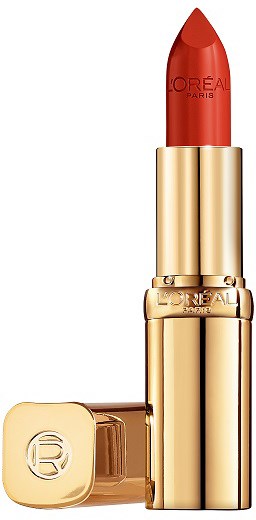 En röd läppstift i ett glänsande guldskal med L'Oréal-loggan synlig.