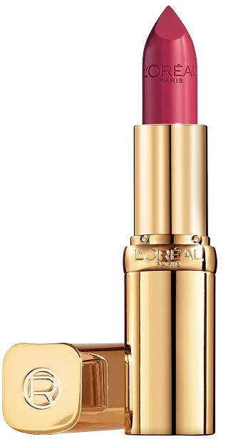 Ett rött läppstift i ett guldfall, med L'Oreal-logotyp på läppstiftet och locket.