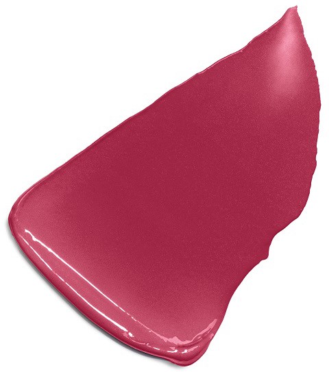 En rosa läppstift som smetats på en vit yta med en svag reflektion.