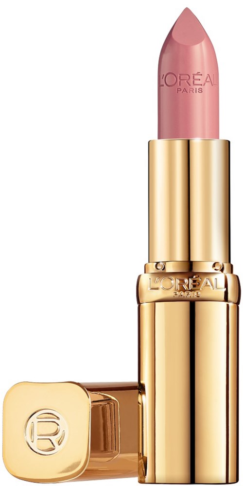 Ett rosa läppstift i ett glänsande guldhölje med en rund hatt. Höljet har L'Oréal Paris-loggan. Sluta med en liten punkt.