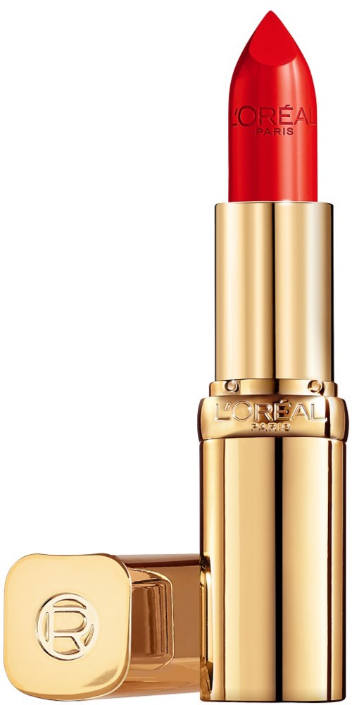 Ett rött läppstift i ett glänsande guldhölje med märket L'Oréal Paris.